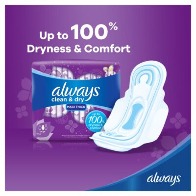 Always Clean & Dry Maxi Thick, Large sanitary pads with wings, 30 Count