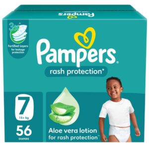 Pampers Rash Protection Taped Diapers Size 7 15+ kg 56 Count Mini Mega Box