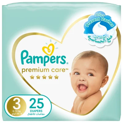 Pampers Premium Care Taped Diapers, Size 3, 6-11 kg, Carry Pack, 25 Diapers