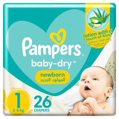 Pampers Aloe Vera Taped Diapers, Size 1, 2-5kg, 26 Diapers