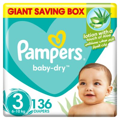 Pampers Aloe Vera Taped Diapers, Size 3, 6-10kg, Mega Box, 136 Diapers