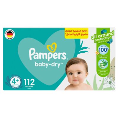 Pampers Aloe Vera Taped Diapers, Size 4+, 10-15kg, Mega Box, 112 Diapers