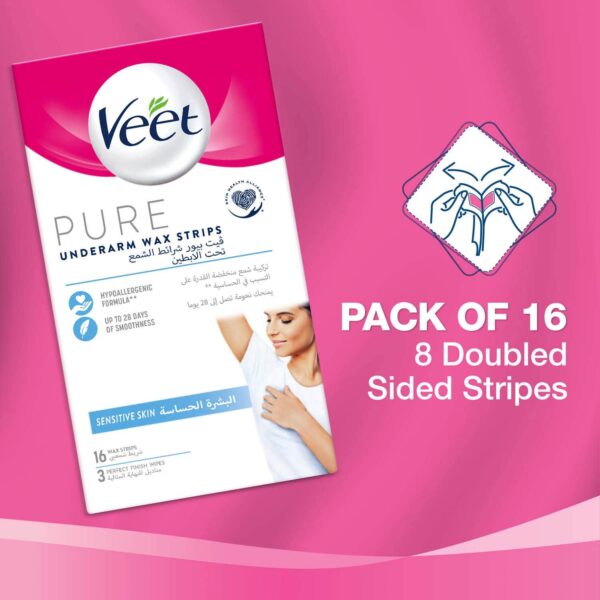Veet Pure Wax Strips for Underarm Hair Removal, Sensitive Skin - 16 pcs - Image 3
