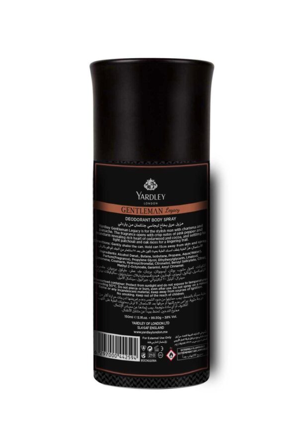 Yardley Gentleman Legacy Luxury Body Spray - Long-Lasting Freshness 150 ml - Image 2